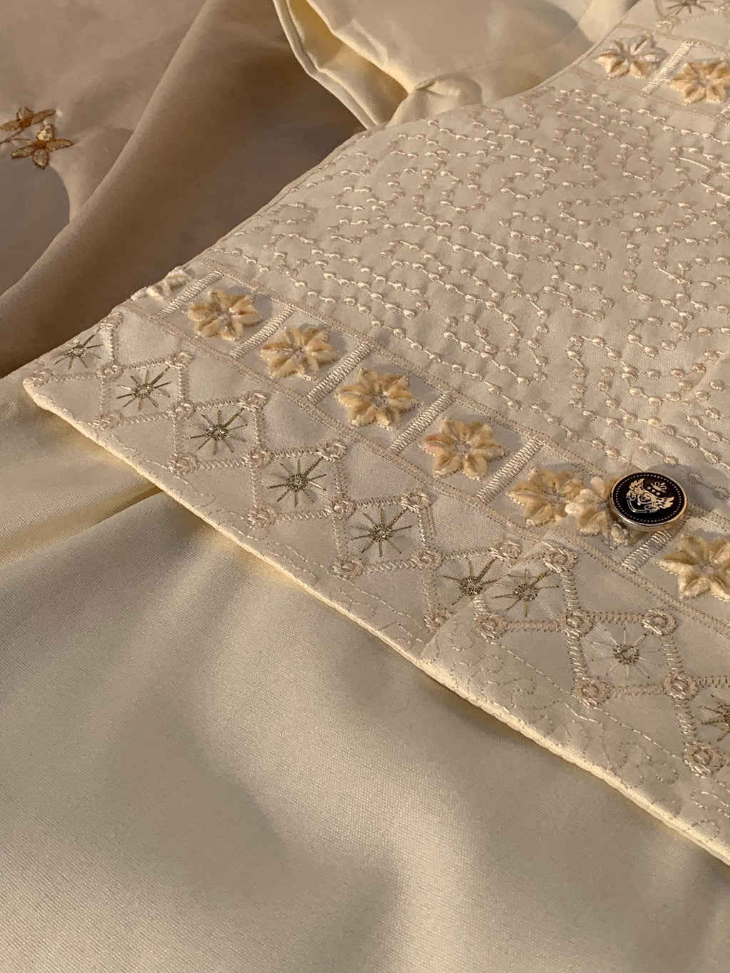 Cute-Sha | Cream Embroidered Shalwar Kurta Waistcoat Set | Kids 2-8 Years