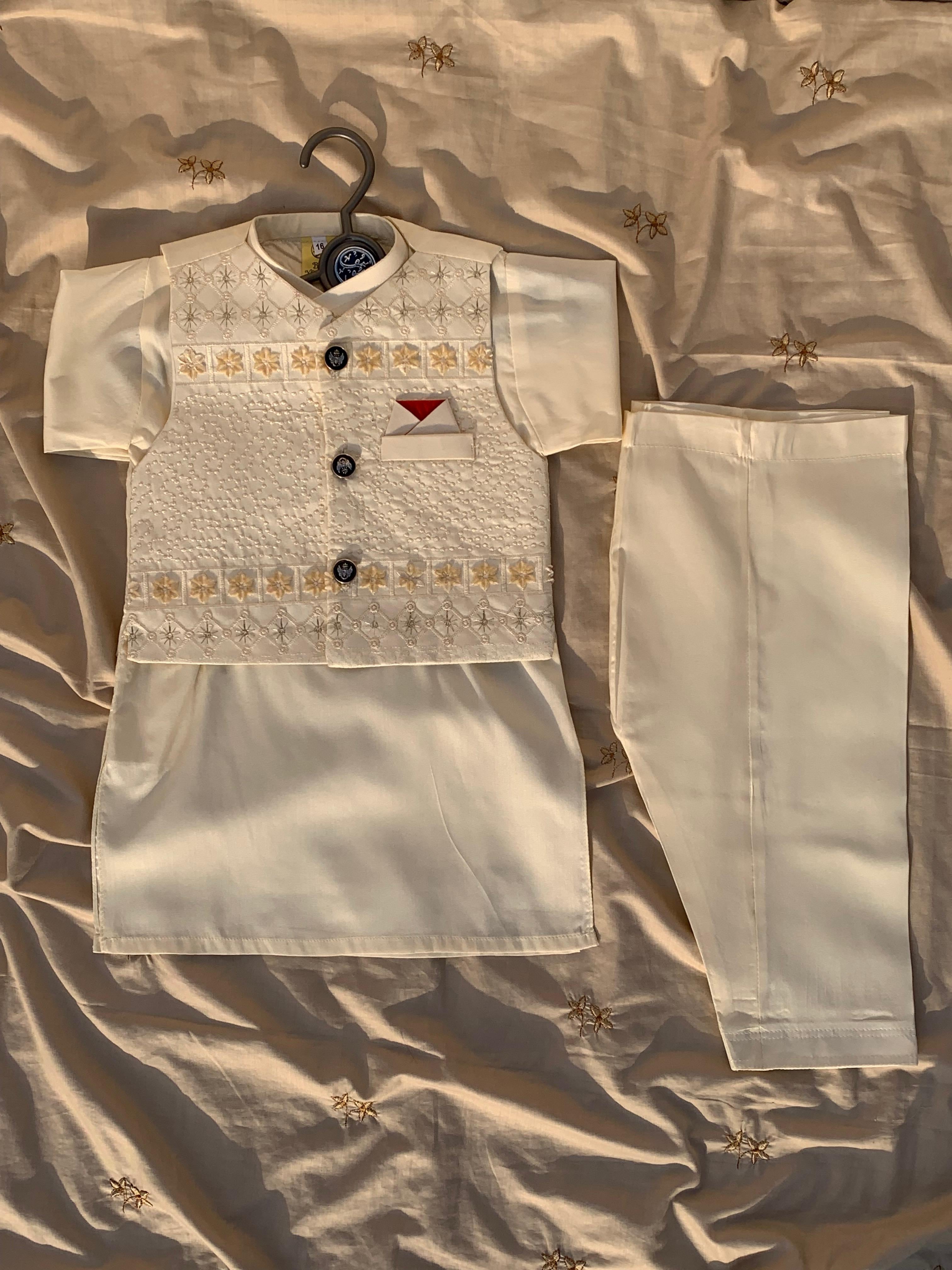 Cute-Sha | Cream Embroidered Shalwar Kurta Waistcoat Set | Kids 2-8 Years
