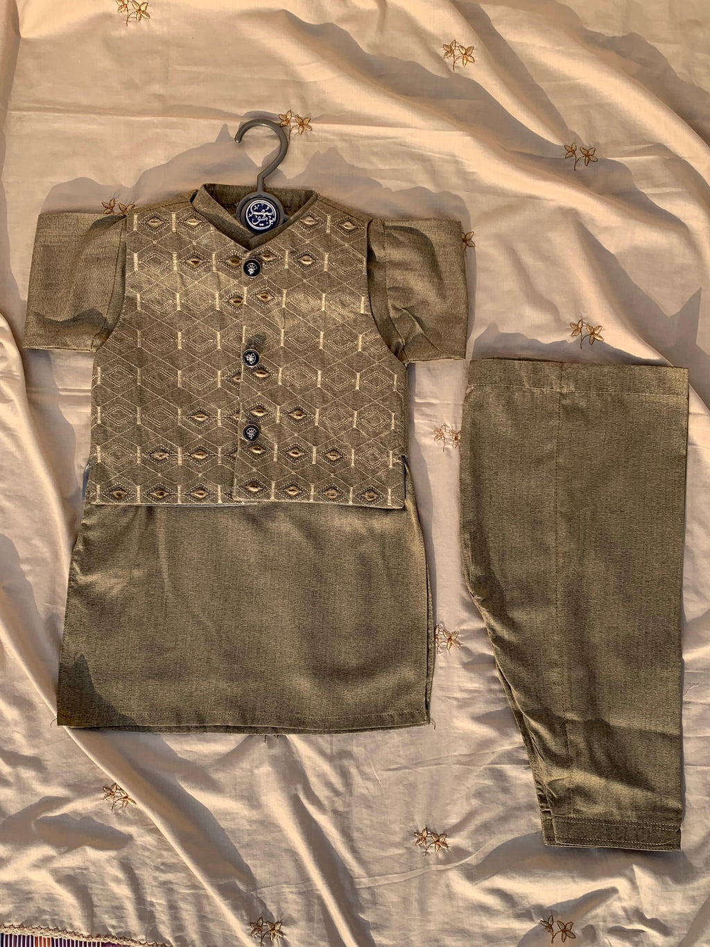 Cute-Sha | Olive Green Embroidered Shalwar Kurta Waistcoat Set | Kids 2-8 Years