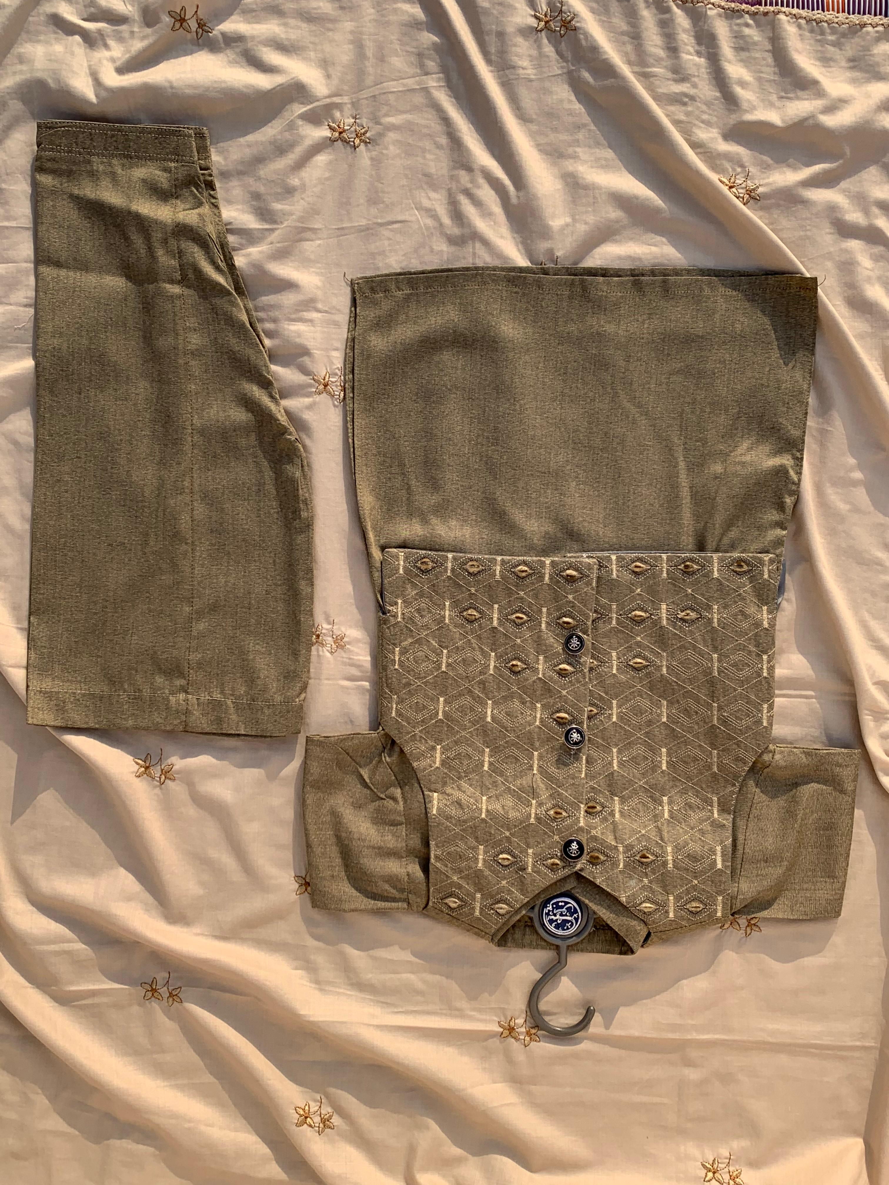 Cute-Sha | Olive Green Embroidered Shalwar Kurta Waistcoat Set | Kids 2-8 Years