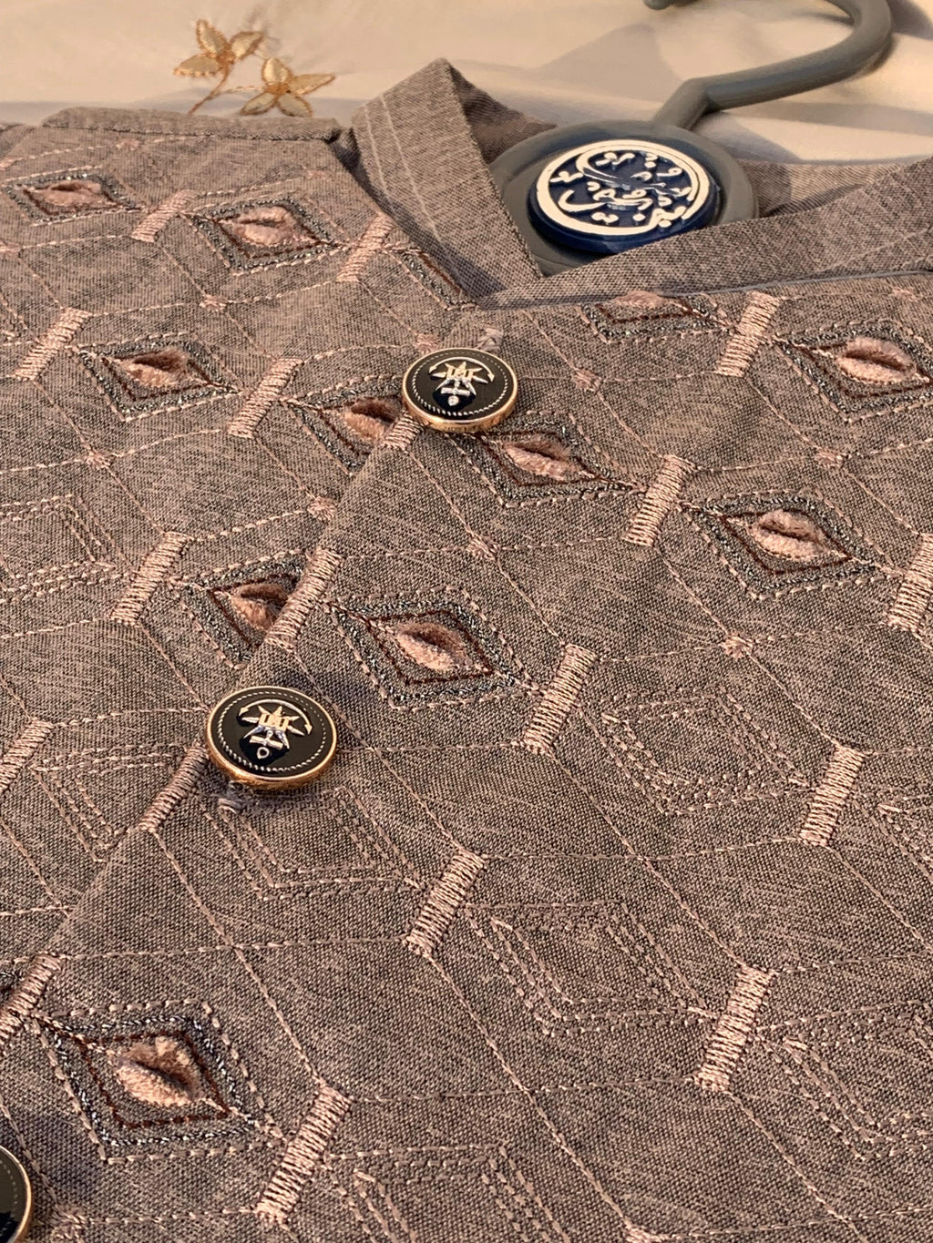 Cute-Sha | Brown Embroidered Shalwar Kurta Waistcoat Set | Kids 2-8 Years