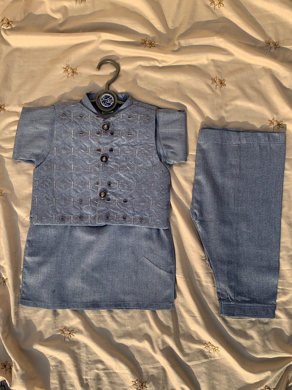 Cute-Sha | Light Blue Embroidered Shalwar Kurta Waistcoat Set | Kids 2-8 Years
