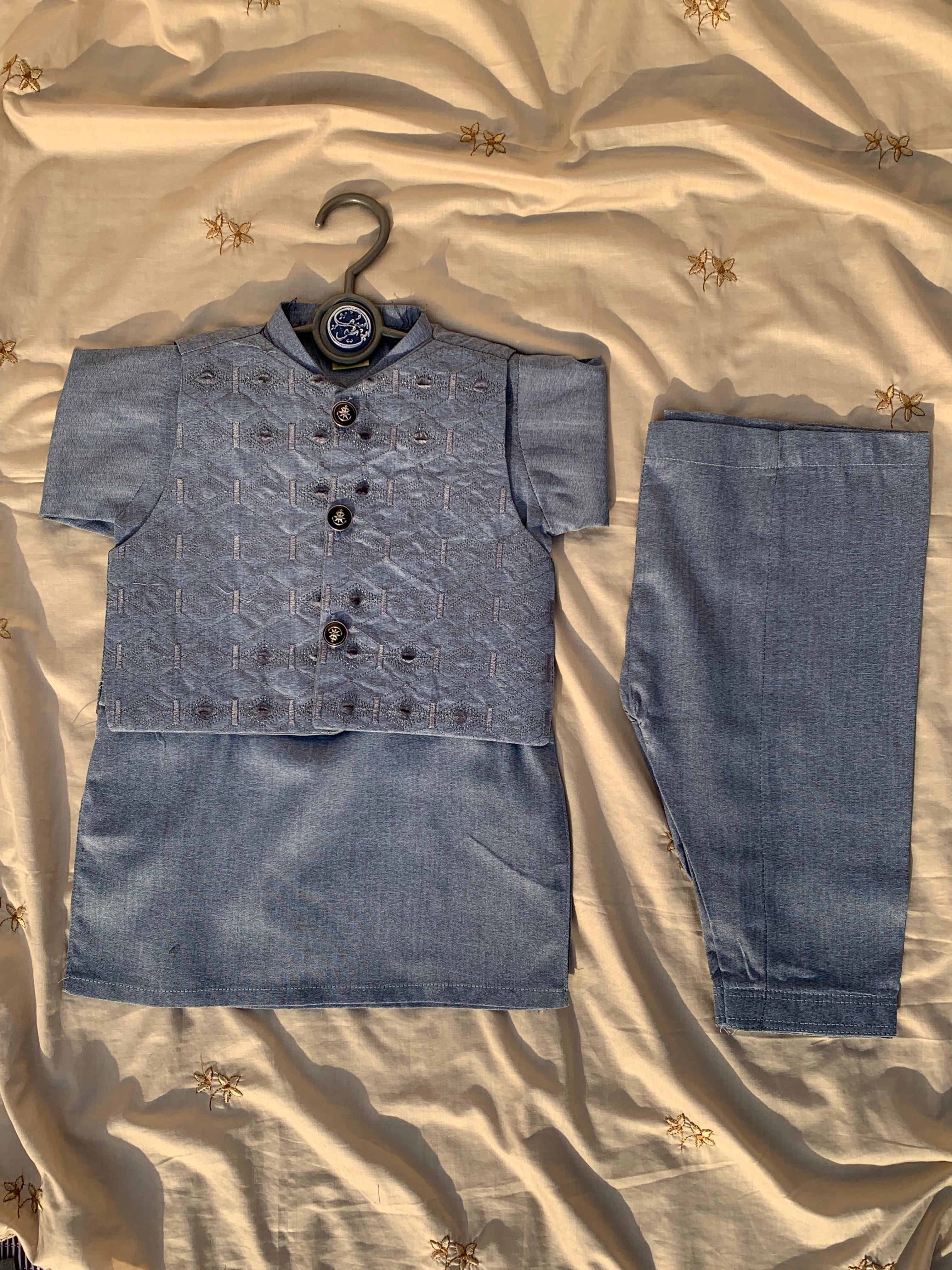 Cute-Sha | Light Blue Embroidered Shalwar Kurta Waistcoat Set | Kids 2-8 Years