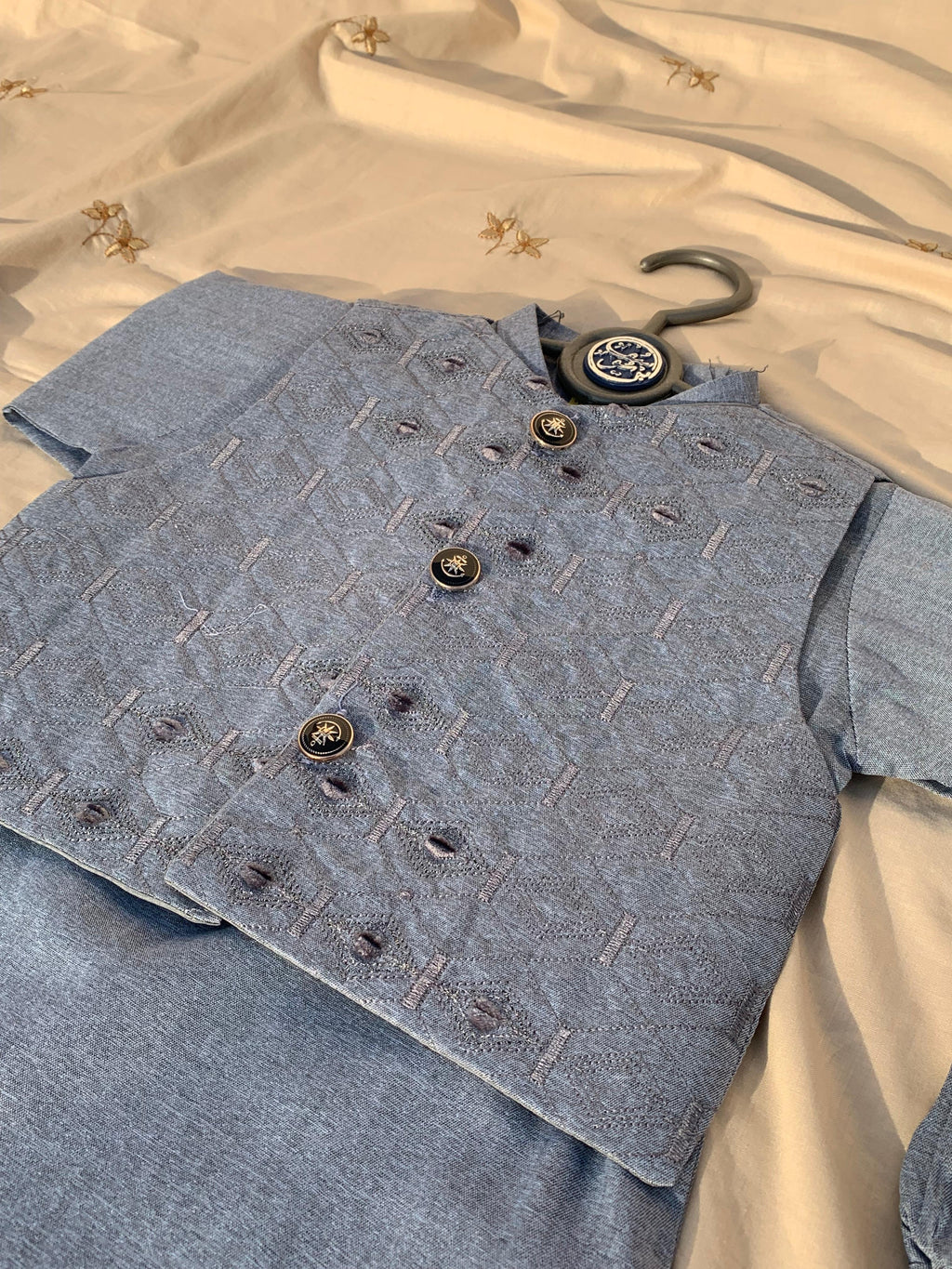 Cute-Sha | Light Blue Embroidered Shalwar Kurta Waistcoat Set | Kids 2-8 Years