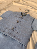 Cute-Sha | Light Blue Embroidered Shalwar Kurta Waistcoat Set | Kids 2-8 Years