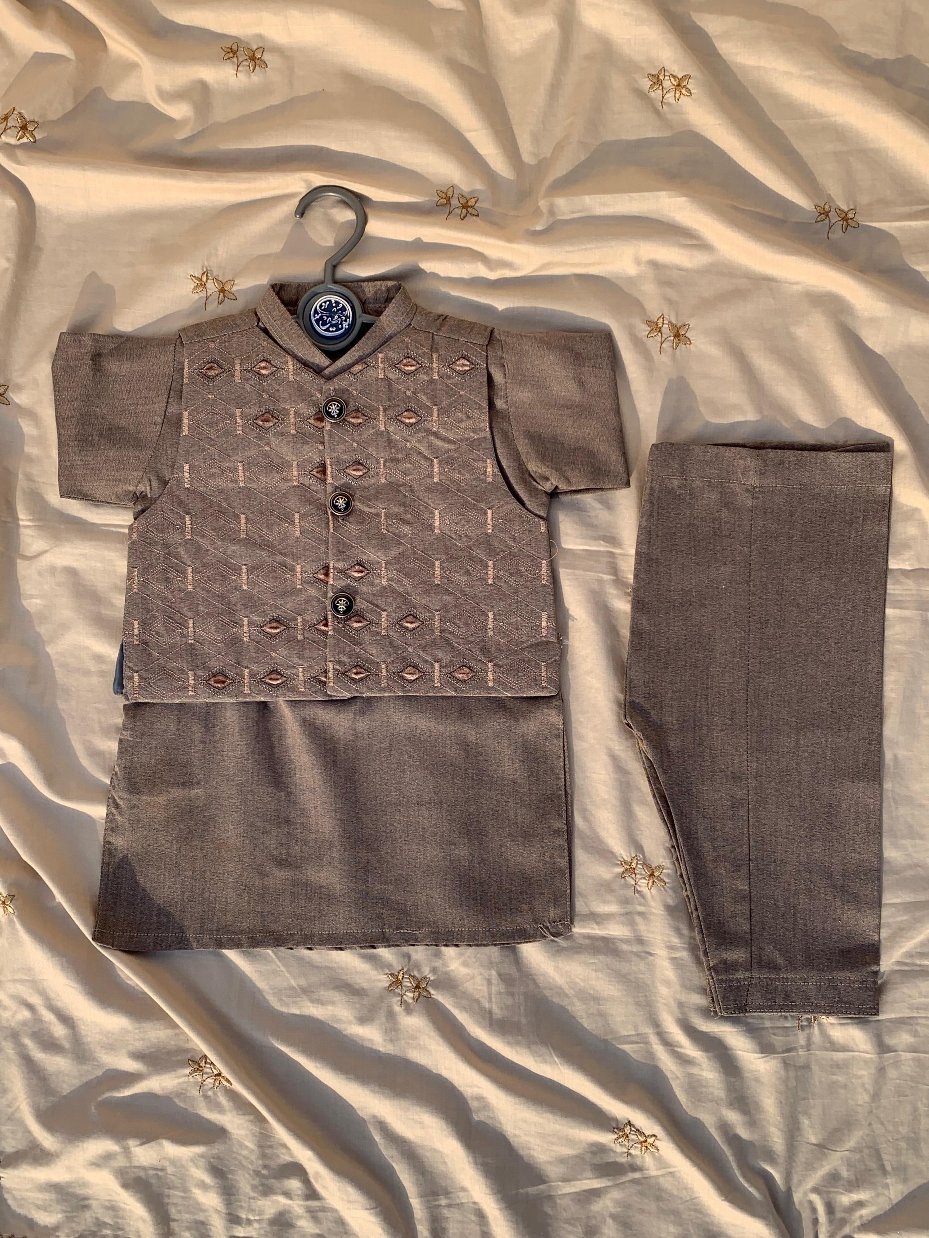 Cute-Sha | Brown Embroidered Shalwar Kurta Waistcoat Set | Kids 2-8 Years