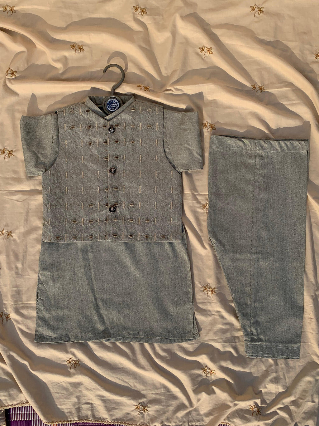 Cute-Sha | Gray Embroidered Shalwar Kurta Waistcoat Set | Kids 2-8 Years