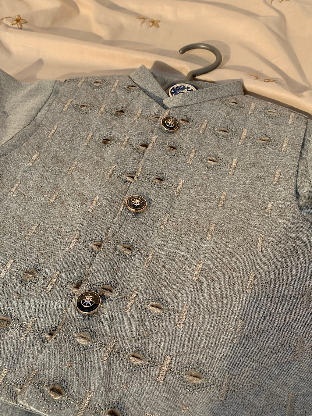 Cute-Sha | Gray Embroidered Shalwar Kurta Waistcoat Set | Kids 2-8 Years