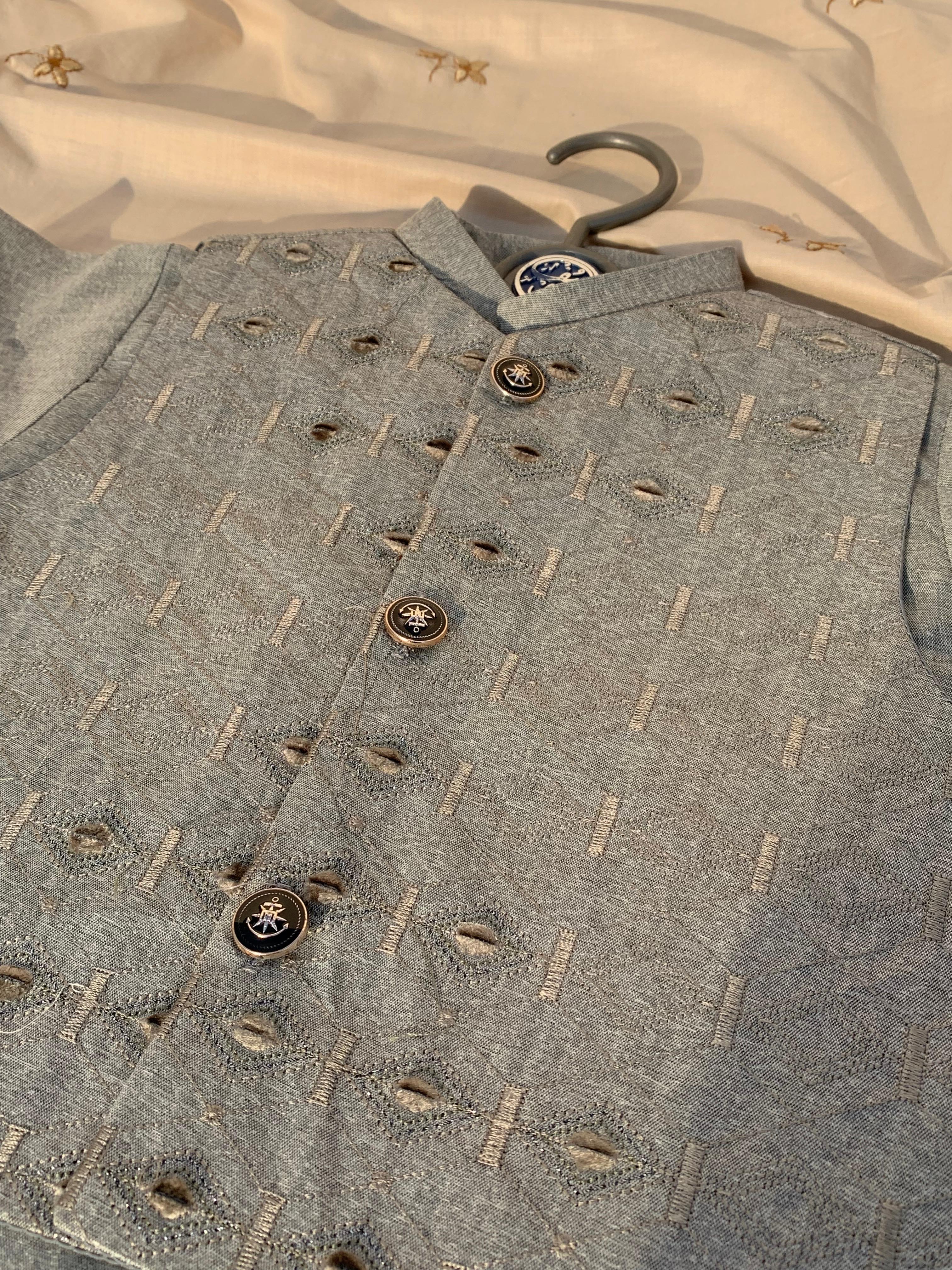 Cute-Sha | Gray Embroidered Shalwar Kurta Waistcoat Set | Kids 2-8 Years