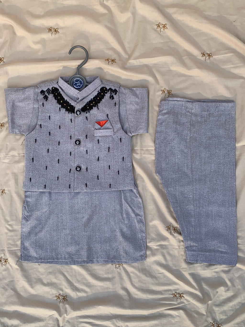 Cute-Sha | Moti Embellished Shalwar Kurta Waistcoat Set | Light Blue | Kids 2-8 Years