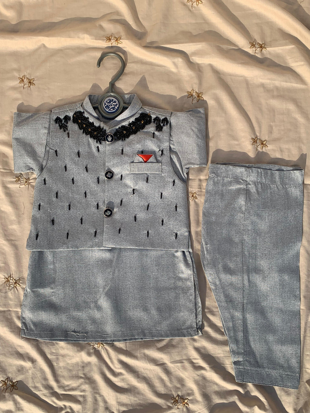 Cute-Sha | Moti Embellished Shalwar Kurta Waistcoat Set | Gray | Kids 2-8 Years