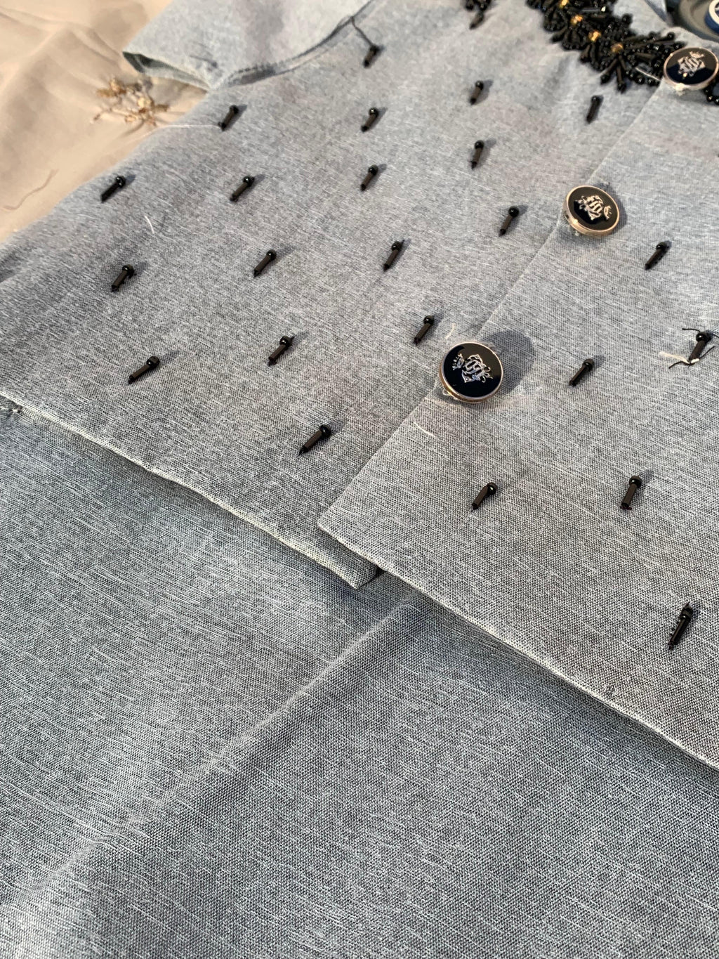 Cute-Sha | Moti Embellished Shalwar Kurta Waistcoat Set | Gray | Kids 2-8 Years