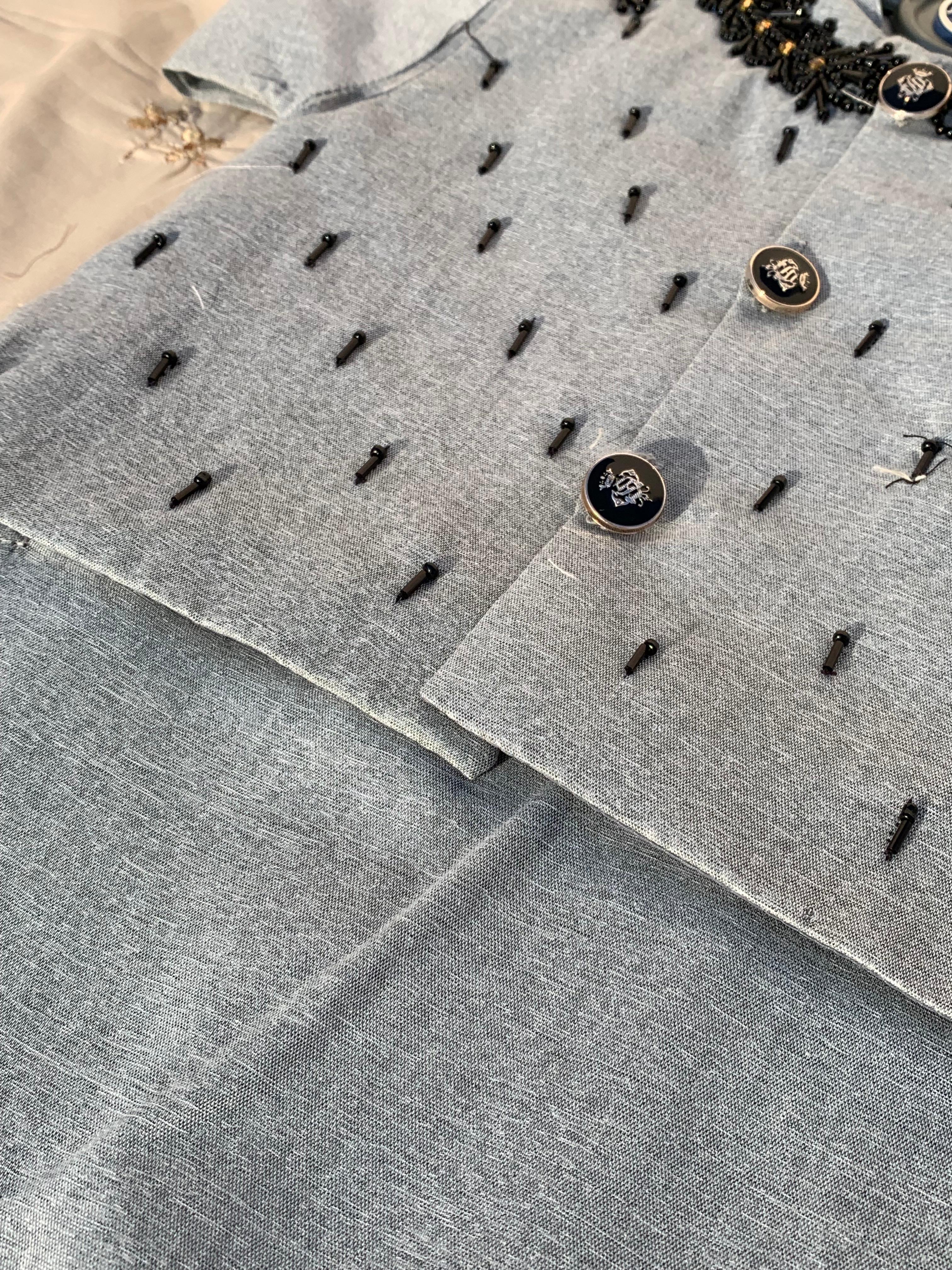 Cute-Sha | Moti Embellished Shalwar Kurta Waistcoat Set | Gray | Kids 2-8 Years