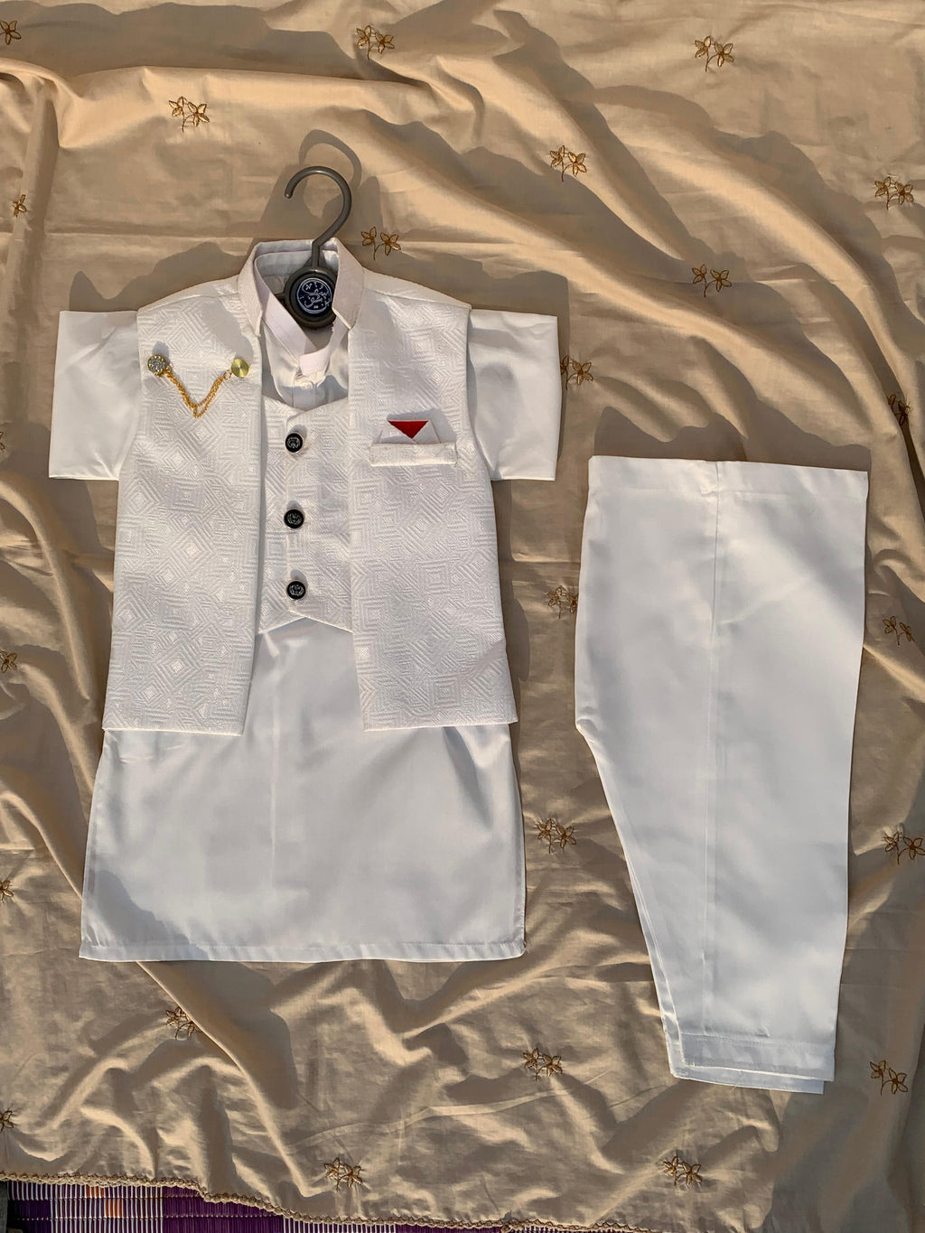 Cute-Sha | White Embroidered Shalwar Kurta Waistcoat Set | Kids 2-8 Years