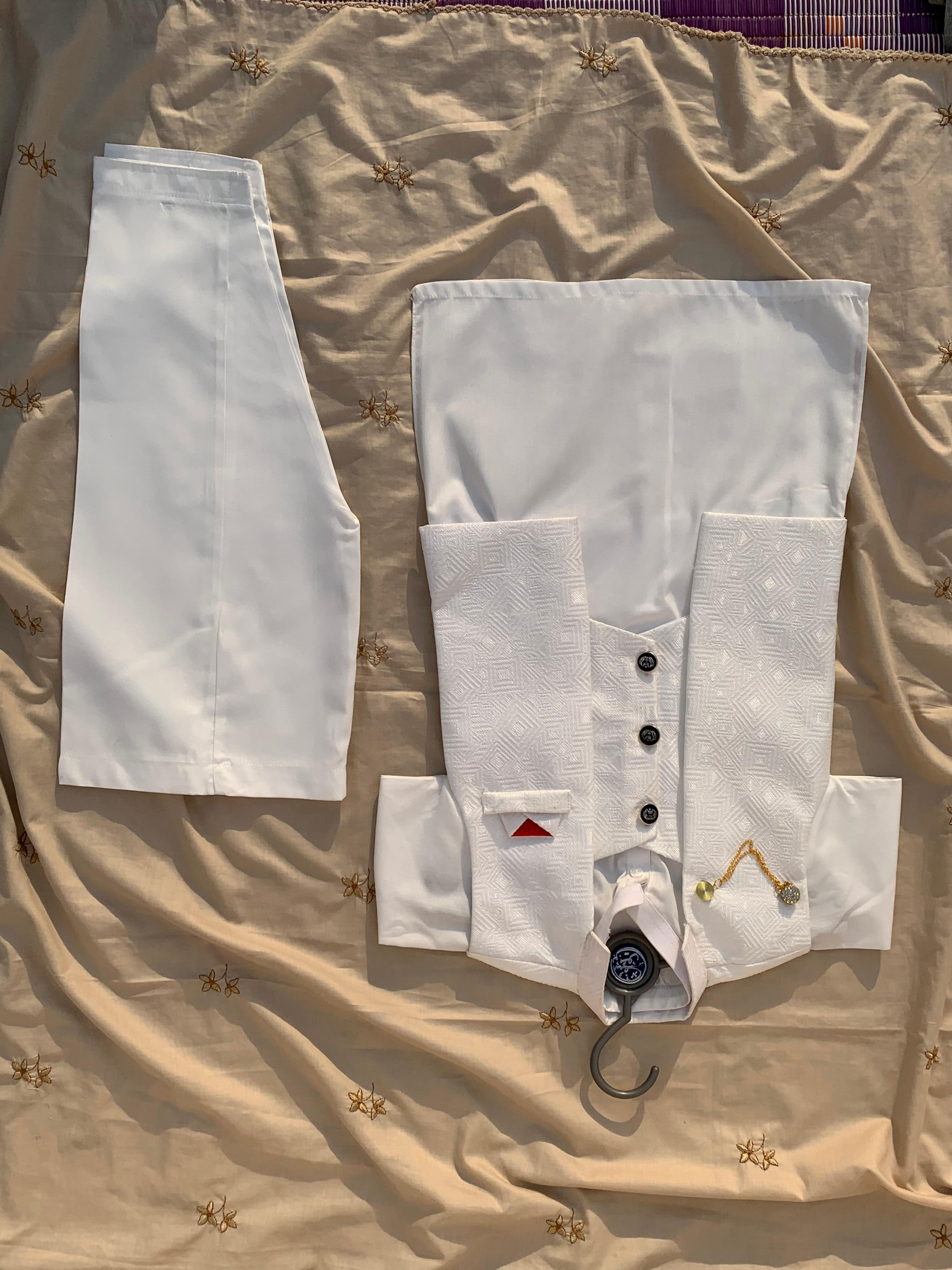Cute-Sha | White Embroidered Shalwar Kurta Waistcoat Set | Kids 2-8 Years