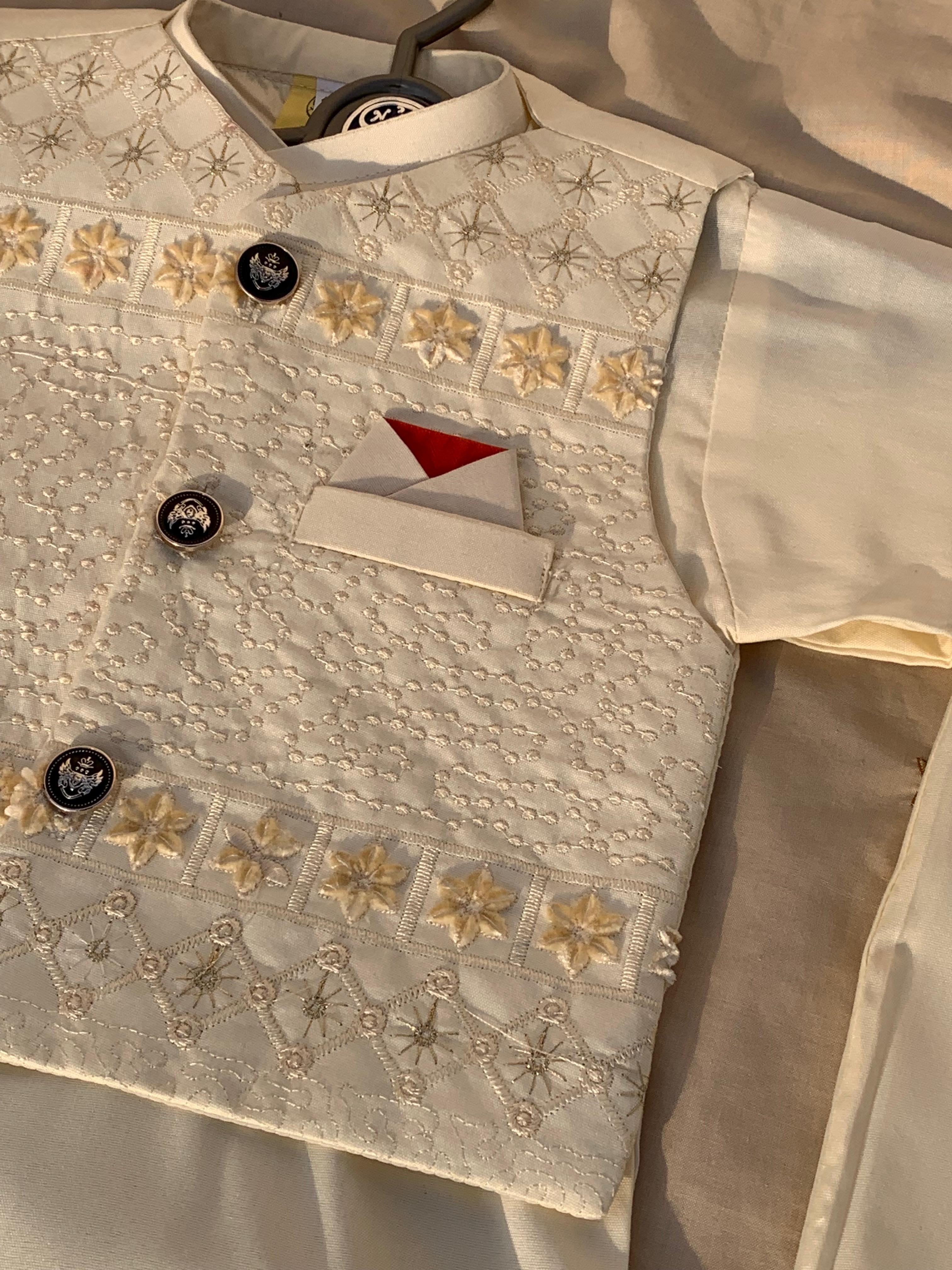 Cute-Sha | Cream Embroidered Shalwar Kurta Waistcoat Set | Kids 2-8 Years