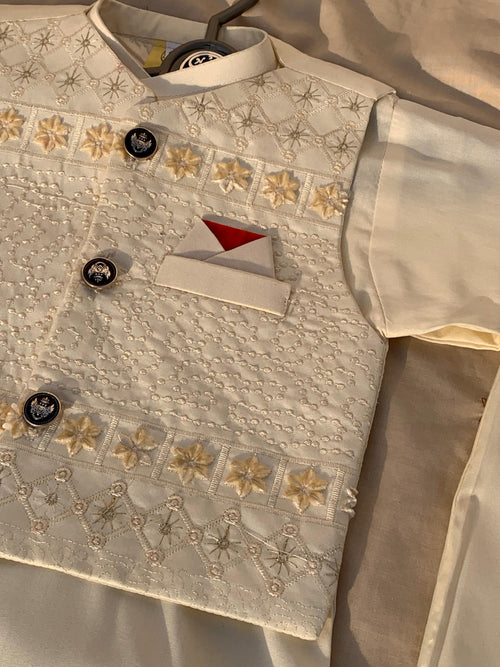 Cute-Sha | Cream Embroidered Shalwar Kurta Waistcoat Set | Kids 2-8 Years