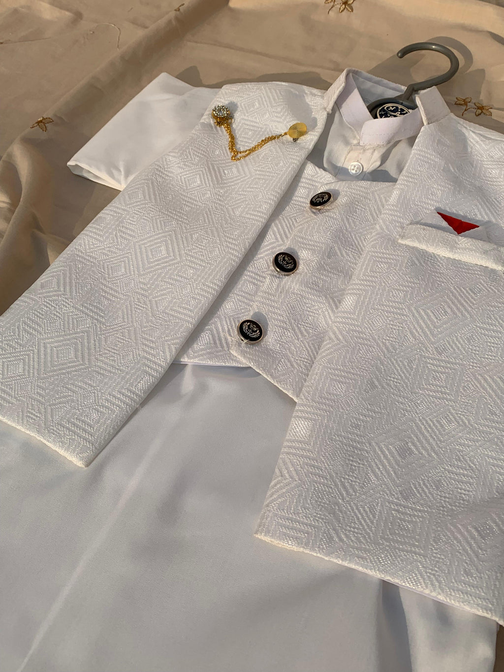 Cute-Sha | White Embroidered Shalwar Kurta Waistcoat Set | Kids 2-8 Years