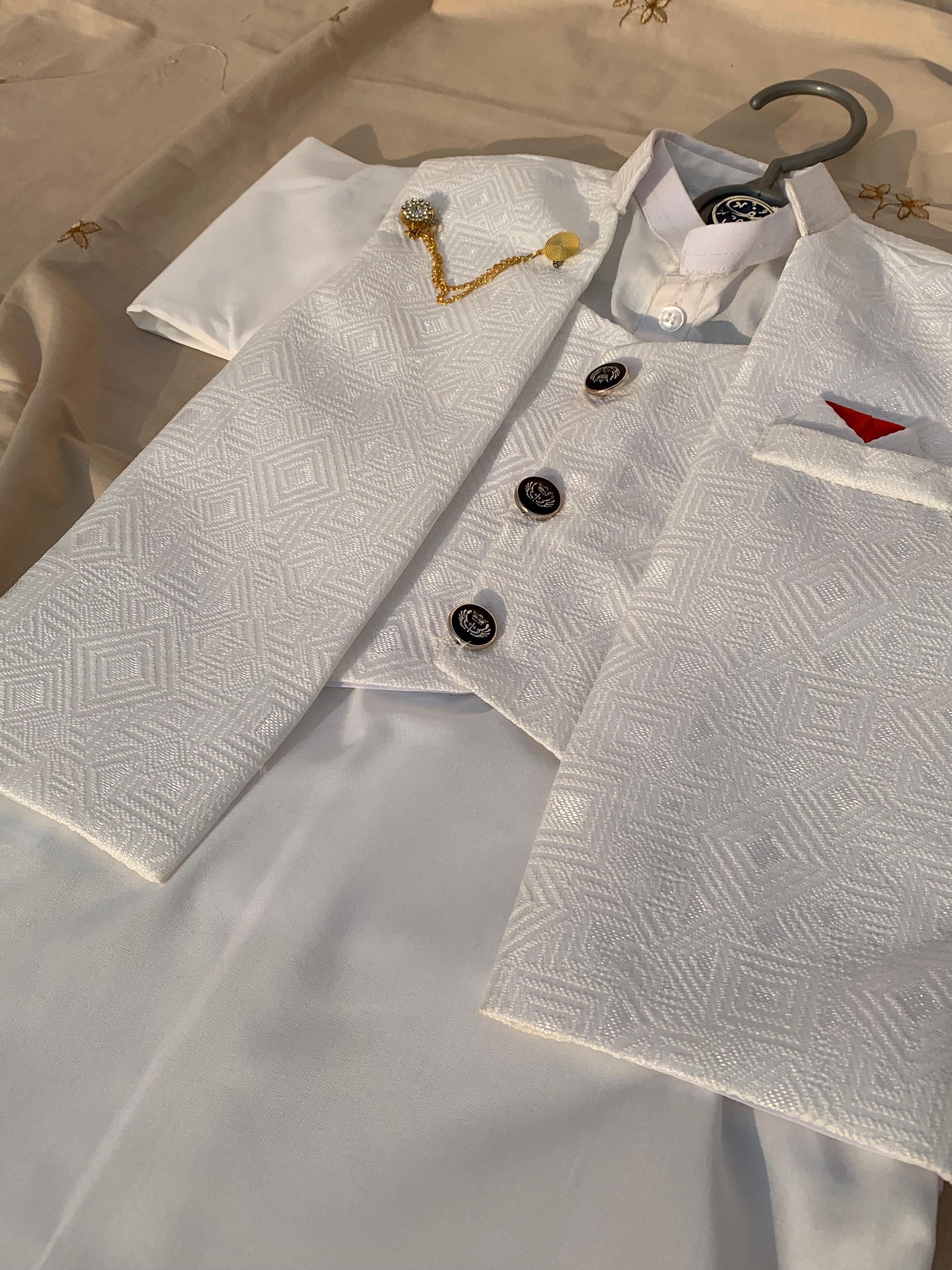 Cute-Sha | White Embroidered Shalwar Kurta Waistcoat Set | Kids 2-8 Years