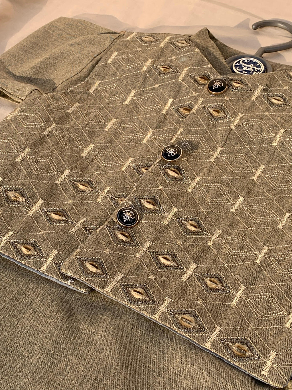 Cute-Sha | Olive Green Embroidered Shalwar Kurta Waistcoat Set | Kids 2-8 Years