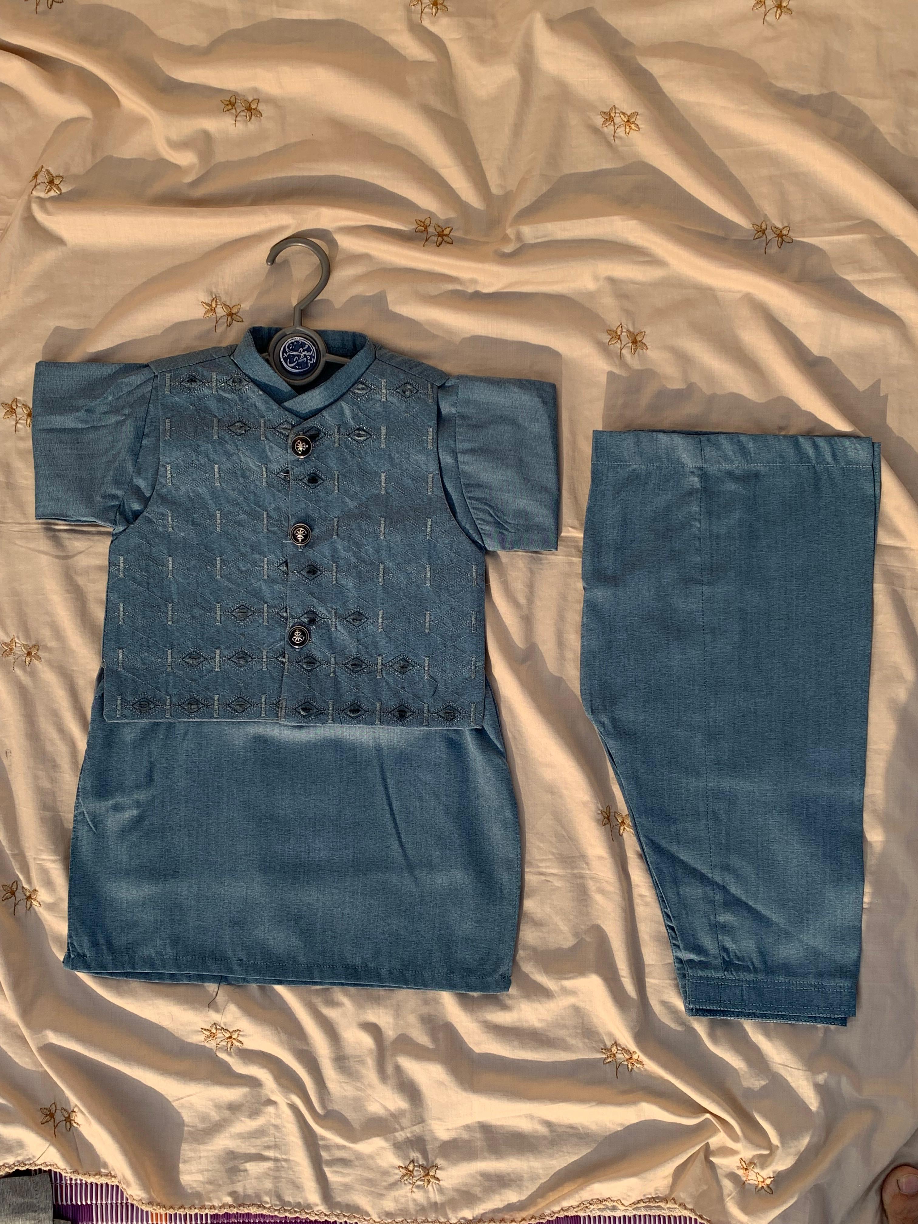 Cute-Sha | Dark Blue Embroidered Shalwar Kurta Waistcoat Set | Kids 2-8 Years