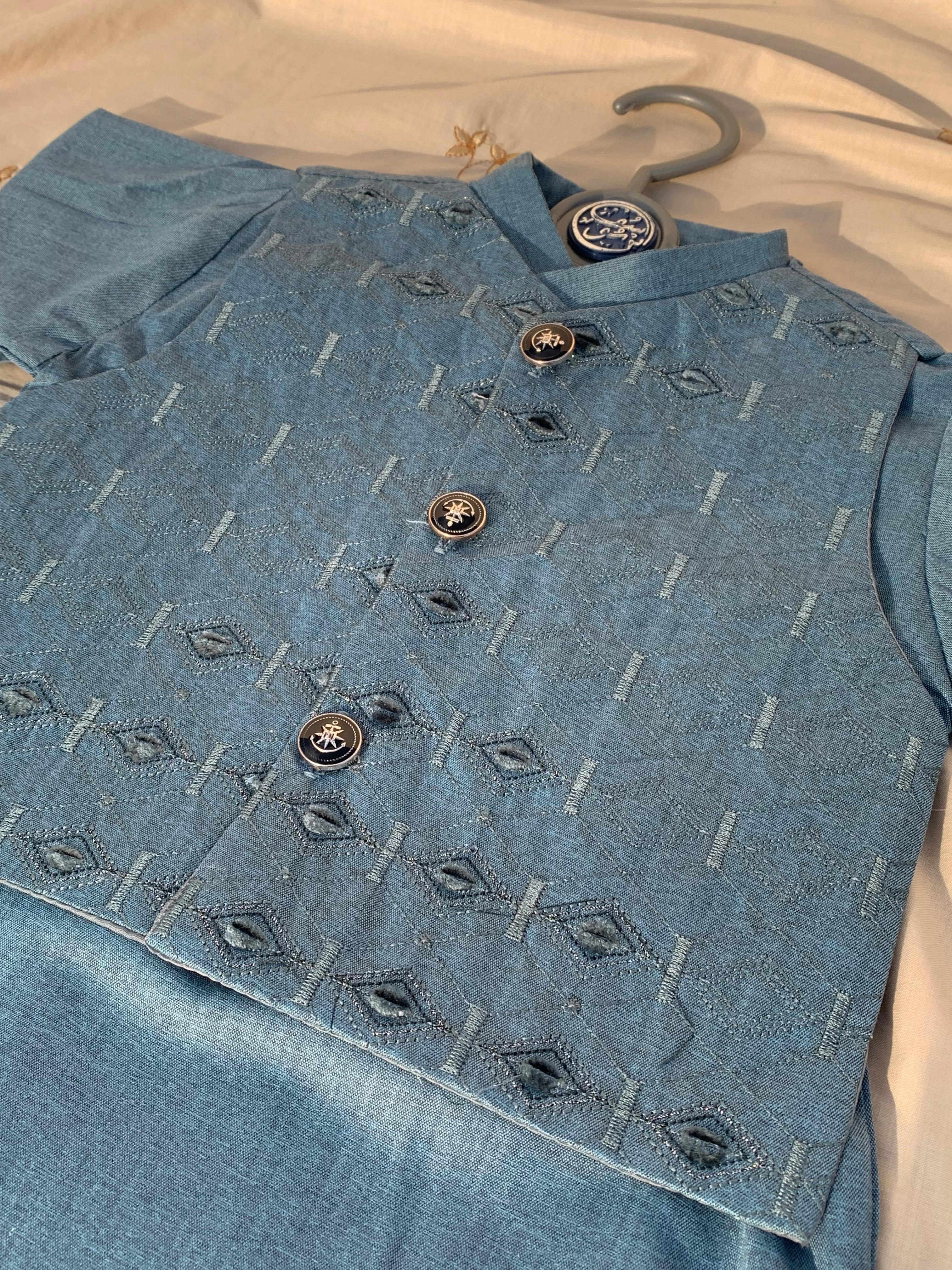 Cute-Sha | Dark Blue Embroidered Shalwar Kurta Waistcoat Set | Kids 2-8 Years